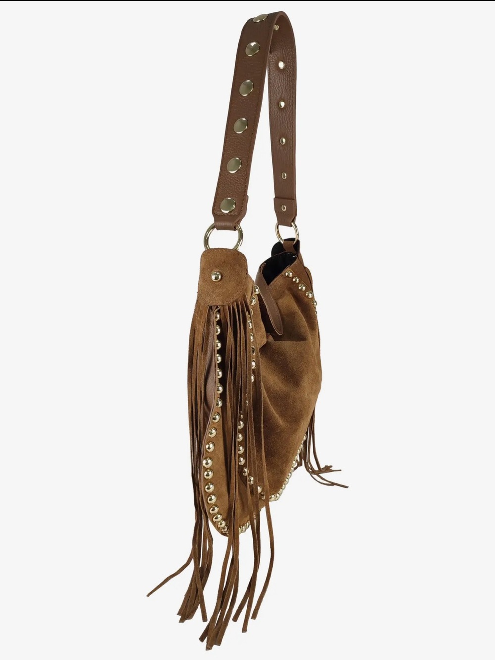 MADE IN ITALY LEATHER Stylish Studded Fringe Hobo Bag - - Picture 3 of 5